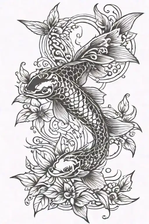 koi fish swimming, hummingbirds, redwillows, grey, points, dots, trail of leaves  tattoo design idea