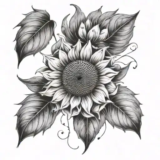 A delicate design of a sunflower and a paw print forming a yin yang symbol, representing balance and harmony tattoo design idea