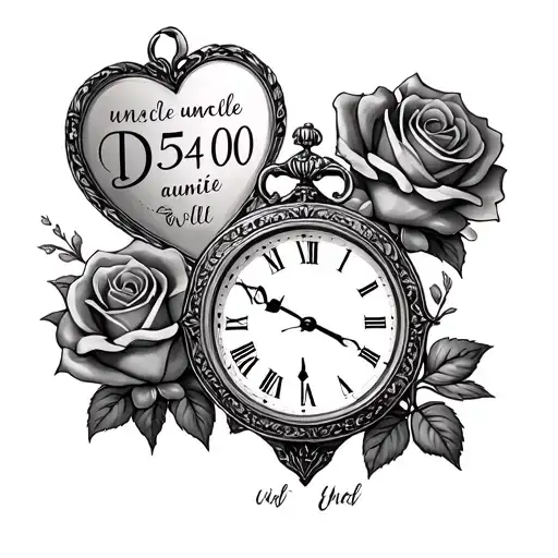 3 heart shaped clocks with roses, one clock with the name D5 and 4:00, one with the name uncle will, one with auntie val tattoo design idea