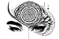 Try to combine special symbols like fibonacci, jingjamg, aurea mediocritas in one art tatoo for forehead, minimalistic s tattoo design idea