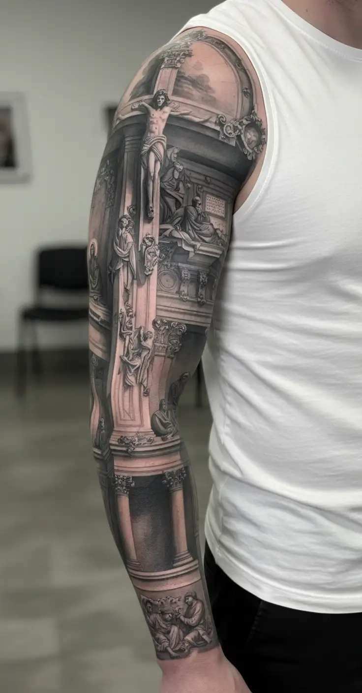 The inside of a catholic church with an upside down cross and the last supper  tattoo design idea