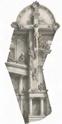 The inside of a catholic church with an upside down cross and the last supper  tattoo design idea