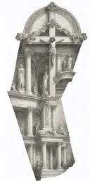 The inside of a catholic church with an upside down cross and the last supper  tattoo design idea