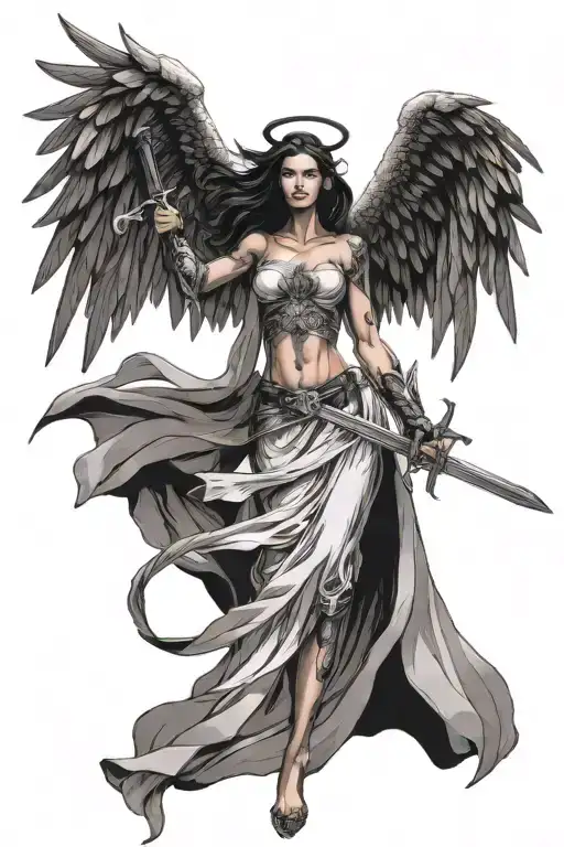 Angel warrior woman, in a beautiful light robe, holds a sword blazing with black fire, has six wings tattoo design idea