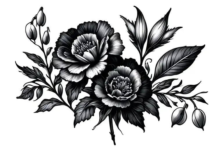 A cosmo flower, gladiolus flower, carnation flower, and a small snowdrop flower. With pretty leaf and vine embellishment tattoo design idea