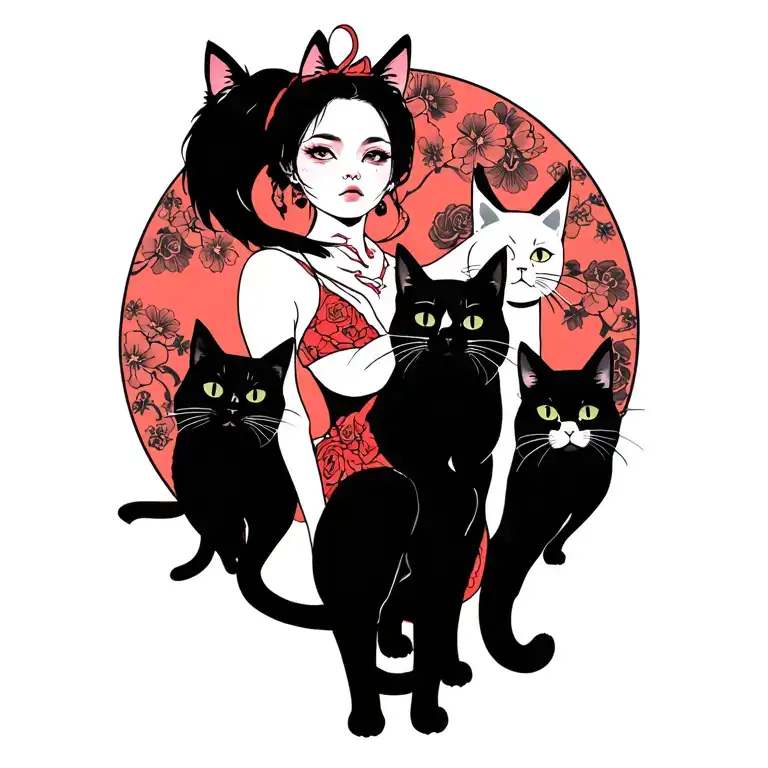woman punk with gang of cats tattoo design idea