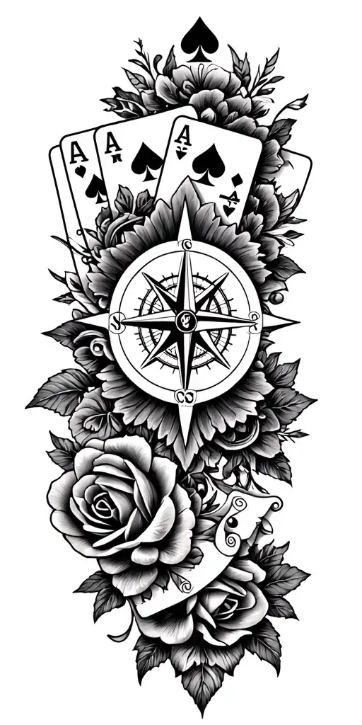 filigree design with playing cards, compass and roses tattoo design idea