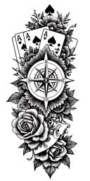 filigree design with playing cards, compass and roses tattoo design idea