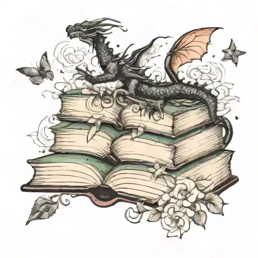 black dragon on stack of open books, wind and stars shooting upward, butterflies, flowers and leafy vines curling down tattoo design idea