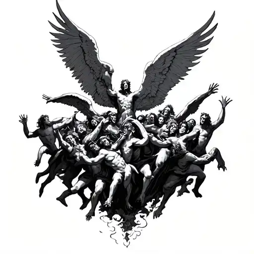 large group of angels fighting a large group of demons, demons coming up from below, angels coming down from above tattoo design idea