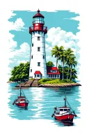 Jupiter lighthouse overlooking the jupiter inlet, with fishing boats on the water.  tattoo design idea