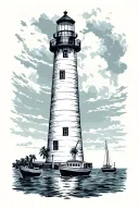 Jupiter lighthouse overlooking the jupiter inlet, with fishing boats on the water.  tattoo design idea