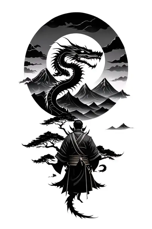 Samurai looking at dragon with mountains and a tree  tattoo design idea