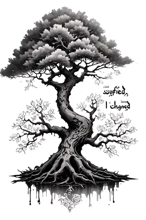 i want a poison tree with arabic calligraphy saying i suffered, i learned, i changed. tattoo design idea
