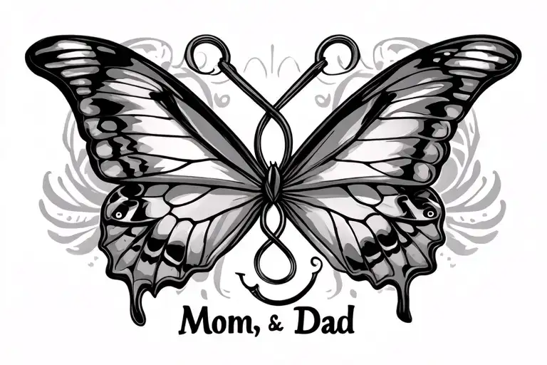 "Mom, Dad" infinity symbol with butterfly and fish hook intertwined tattoo design idea