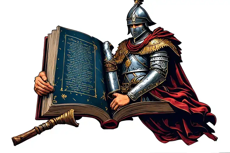 antic roman soldier holding open book tattoo design idea