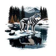 wolf pup standing on a frozen lake seeing his reflection as an adult wolf with a forest in the background and mountain  tattoo design idea