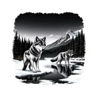 wolf pup standing on a frozen lake seeing his reflection as an adult wolf with a forest in the background and mountain  tattoo design idea