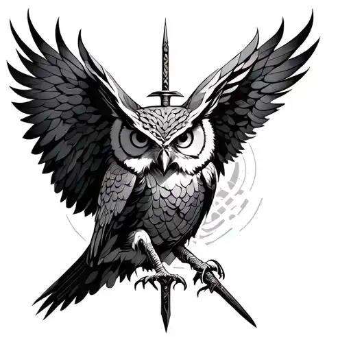 create a stoic, geometrically inspired spiritual tattoo depicting a majestic owl in quiet vigilance, an elegant sword st tattoo design idea