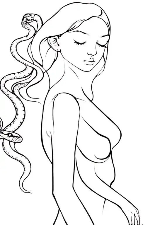 full body woman silluette with snakes at the end of her hair. strong and feminine  tattoo design idea
