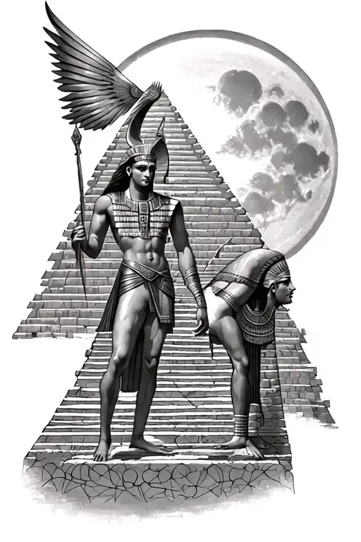 Egyptian gods Thoth and bastest pyramids sun moon tattoo design idea