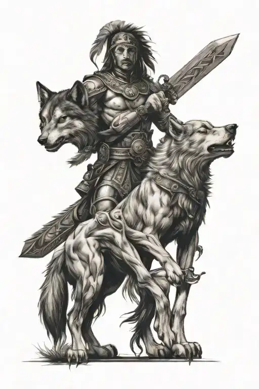 warrior with wolf in one tattoo design idea