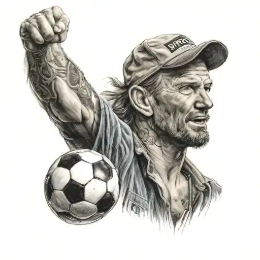A realistic portrait of a truck driver with a football in hand, showcasing the client's two passions tattoo design idea