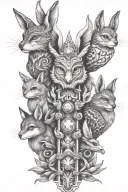 totem pole with rabbit, deer, fox, dolphin, scorpion and an owl on top tattoo design idea