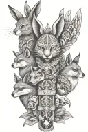 totem pole with rabbit, deer, fox, dolphin, scorpion and an owl on top tattoo design idea