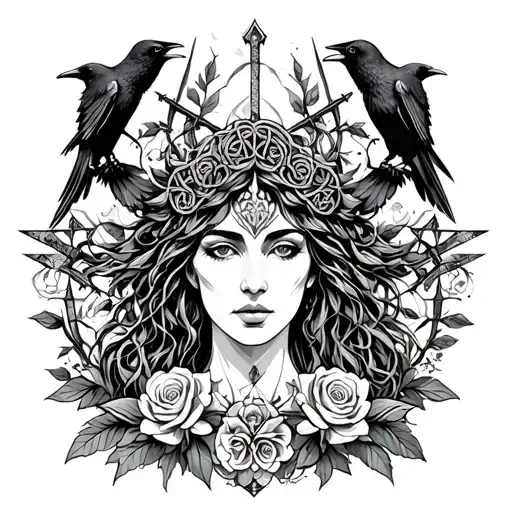 Celtic Goddess, Morrigan. Surrounded by ravens, roses and swords tattoo design idea