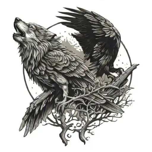wolf and crow in one tattoo design idea