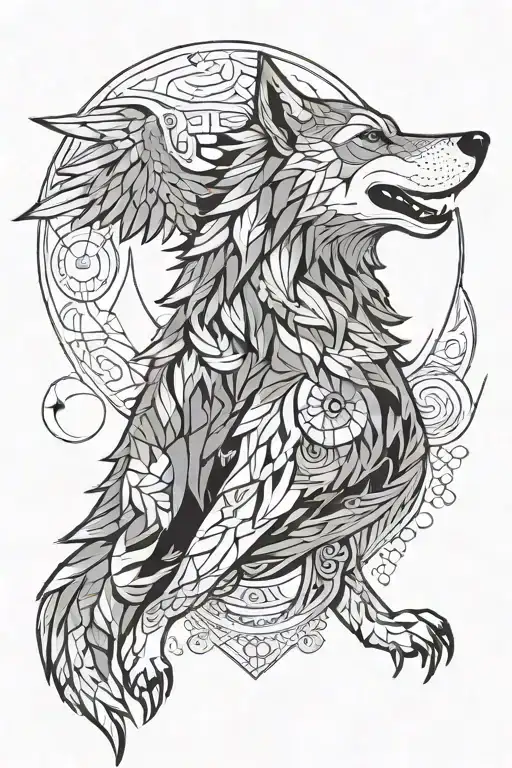 WOLF DOG WITH WINGS AND SEA AT BACK AND MOON AND STAR tattoo design idea