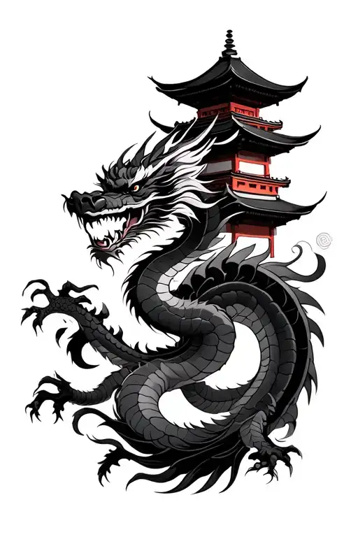 japanese dragon and temple surrounded tattoo design idea