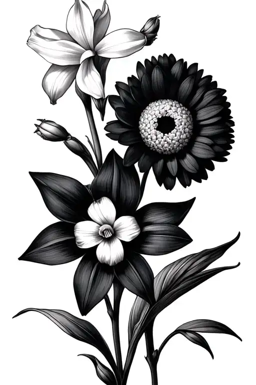 Narcissus,gladiolus, 2 larkspur 2 marigold and a chrysanthemum flowers. include all flowers listed tattoo design idea