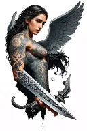 dagger on forearm with Micheal angel on shoulder sleeve tattoo design idea