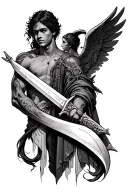 dagger on forearm with Micheal angel on shoulder sleeve tattoo design idea