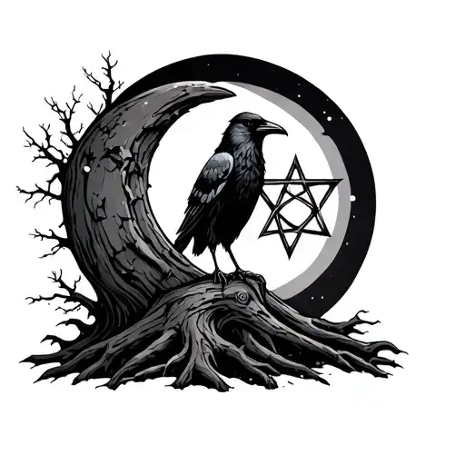 raven tombstone moon dead trees pentagrams in the night tattoo design idea