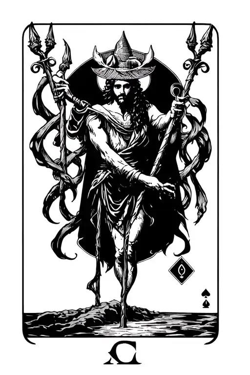 Tarot card The Fool mixed with Ace of Wands, gothic blackwork, lineart, detailed, non horror tattoo design idea