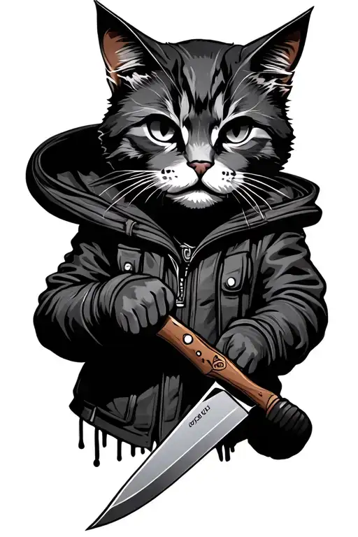 a street humanoid cat holding a knife tattoo design idea