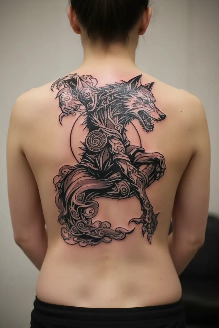 Naruto sun, Sasuke half moon, angry wolf combined black and white tattoo for men forearm tattoo design idea