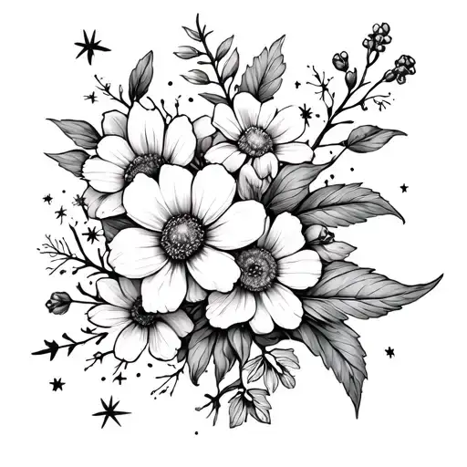 Fine line, bouquet, with starts, on the wrist. Primrose, hawthorn, chrysanthemum and narcissus flowers tattoo design idea
