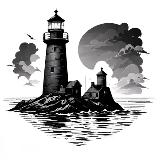 *"Pair tattoo design, minimalistic black ink, single thin line:  - Left side: **lighthouse silhouette** (Kalinigrad sym tattoo design idea