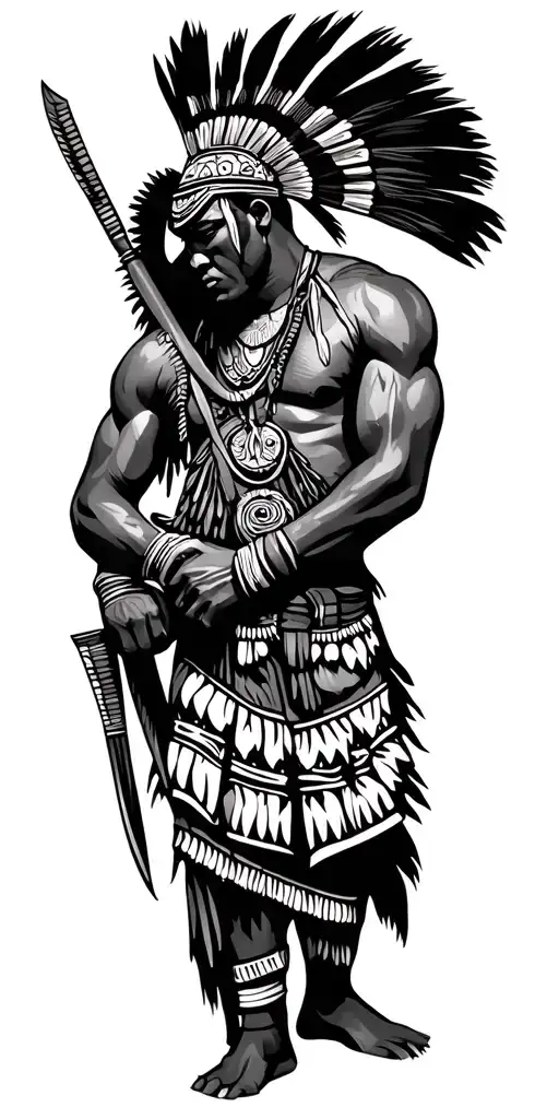 Zulu warrior holding traditional weapons  placed on the shoulder and upper arm. traditional Zulu patterns on forearm  tattoo design idea