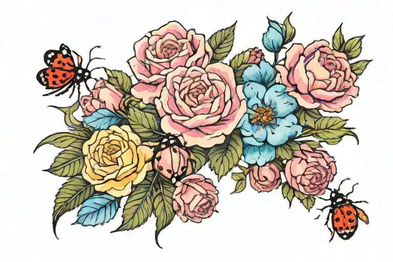 multiple pink and yellow roses surrounding by vines, and blue peony and one small ladybug tattoo design idea