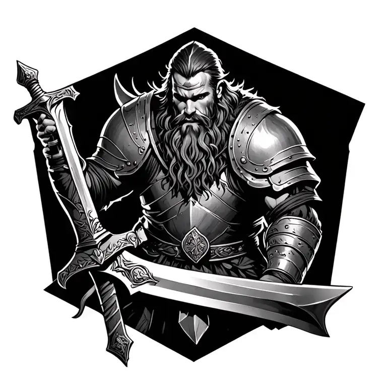 viking warrior wielding his sword in full armor tattoo design idea