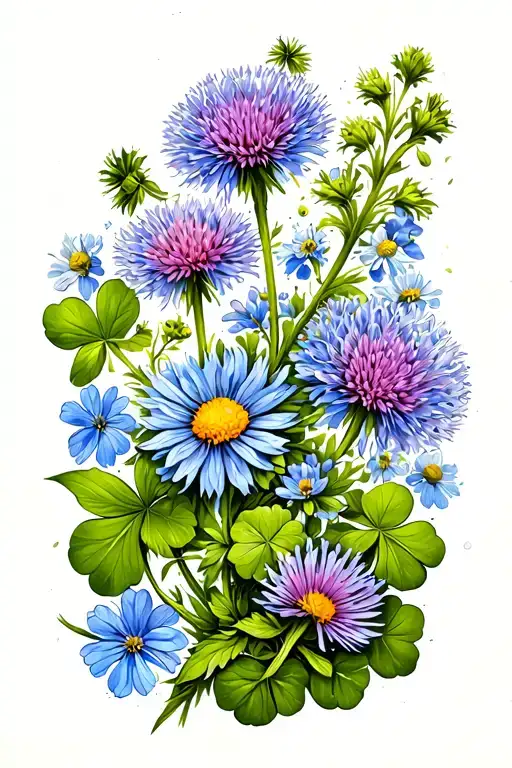 Three long intertwined stems with blue knapweed, chamomiles and clovers  tattoo design idea