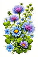 Three long intertwined stems with blue knapweed, chamomiles and clovers  tattoo design idea