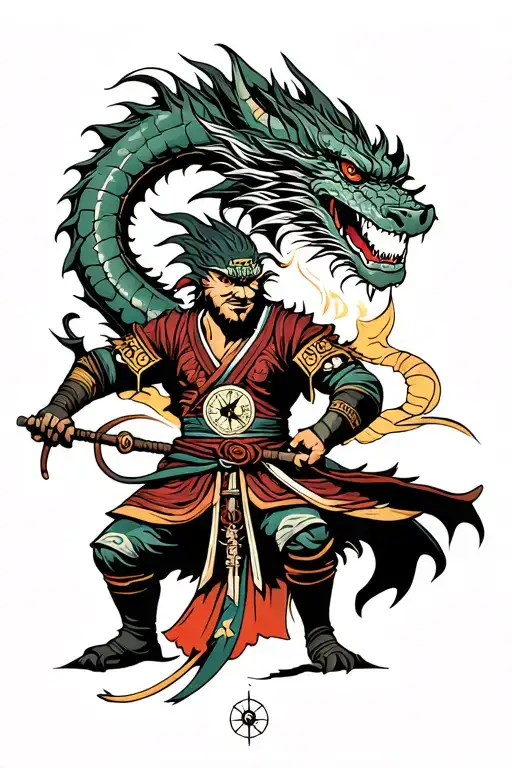 dragon samurai warrior fighting compass tattoo design idea