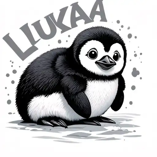 baby penguin with the name 'Luka' mixed within tattoo design idea