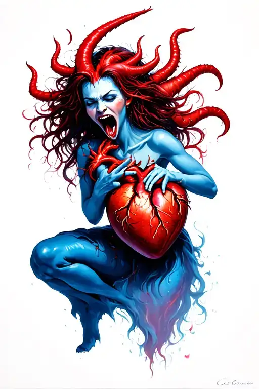 brutal devil woman attacking and eating a heart tattoo design idea